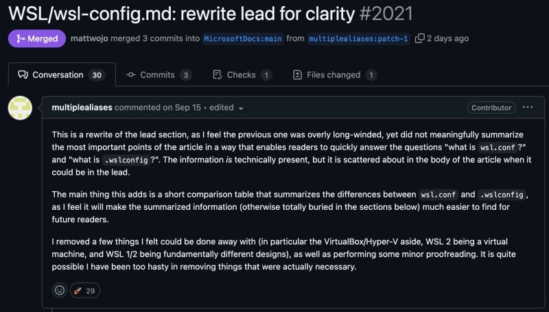 Someone submitted a change to the documentation for the Windows Subsystem for Linux...