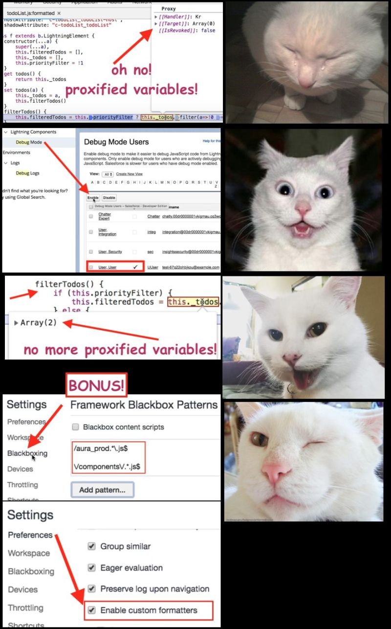 Tips on how to debug Javascript and Lightning Web Components, given by sir Smudge